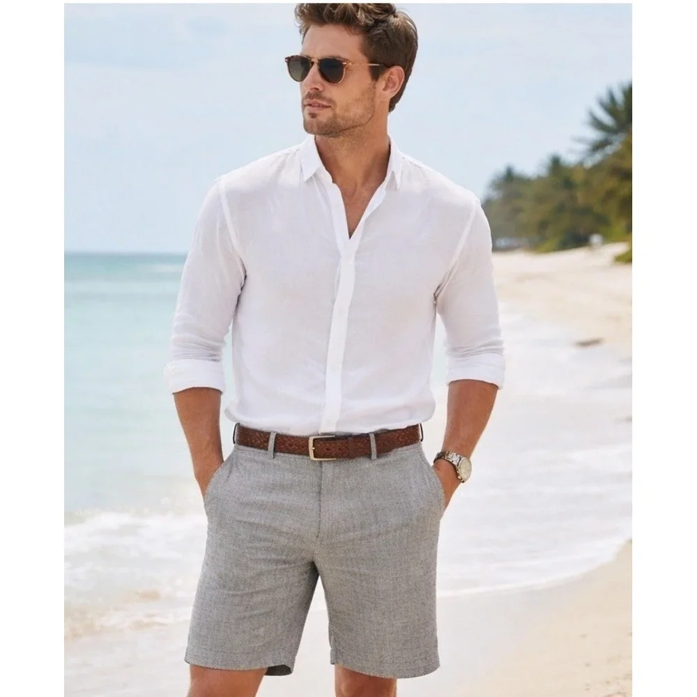 Banana Republic Aiden Shorts Mens 42 Gray Linen‎ Cotton Flat Front Casual Summer